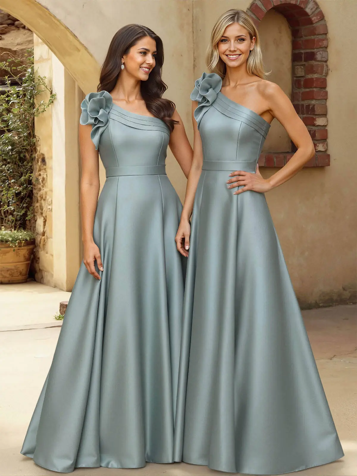 A-Line One-Shoulder Sleeveless Floor-Length Satin Bridesmaid Dresses With Flower(s) A-Line One-Shoulder Sleeveless Floor-Length Satin Bridesmaid Dresses With Flower(s)