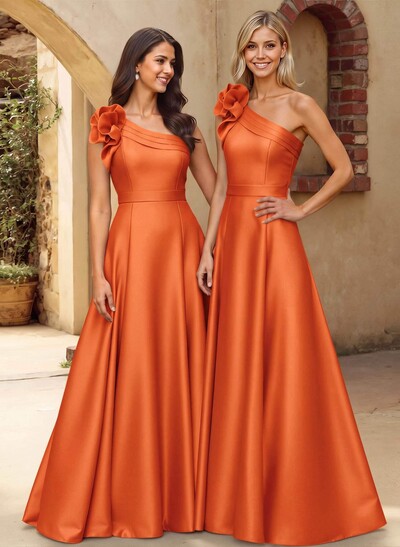 A-Line One-Shoulder Sleeveless Floor-Length Satin Bridesmaid Dresses With Flower(s)