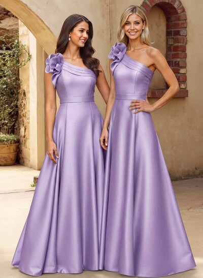 A-Line One-Shoulder Sleeveless Floor-Length Satin Bridesmaid Dresses With Flower(s)