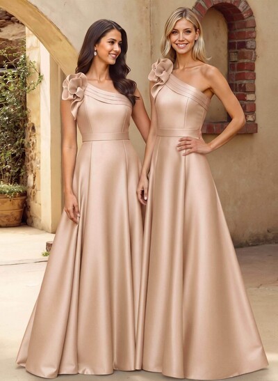 A-Line One-Shoulder Sleeveless Floor-Length Satin Bridesmaid Dresses With Flower(s)