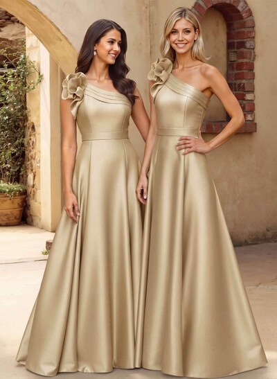 A-Line One-Shoulder Sleeveless Floor-Length Satin Bridesmaid Dresses With Flower(s)
