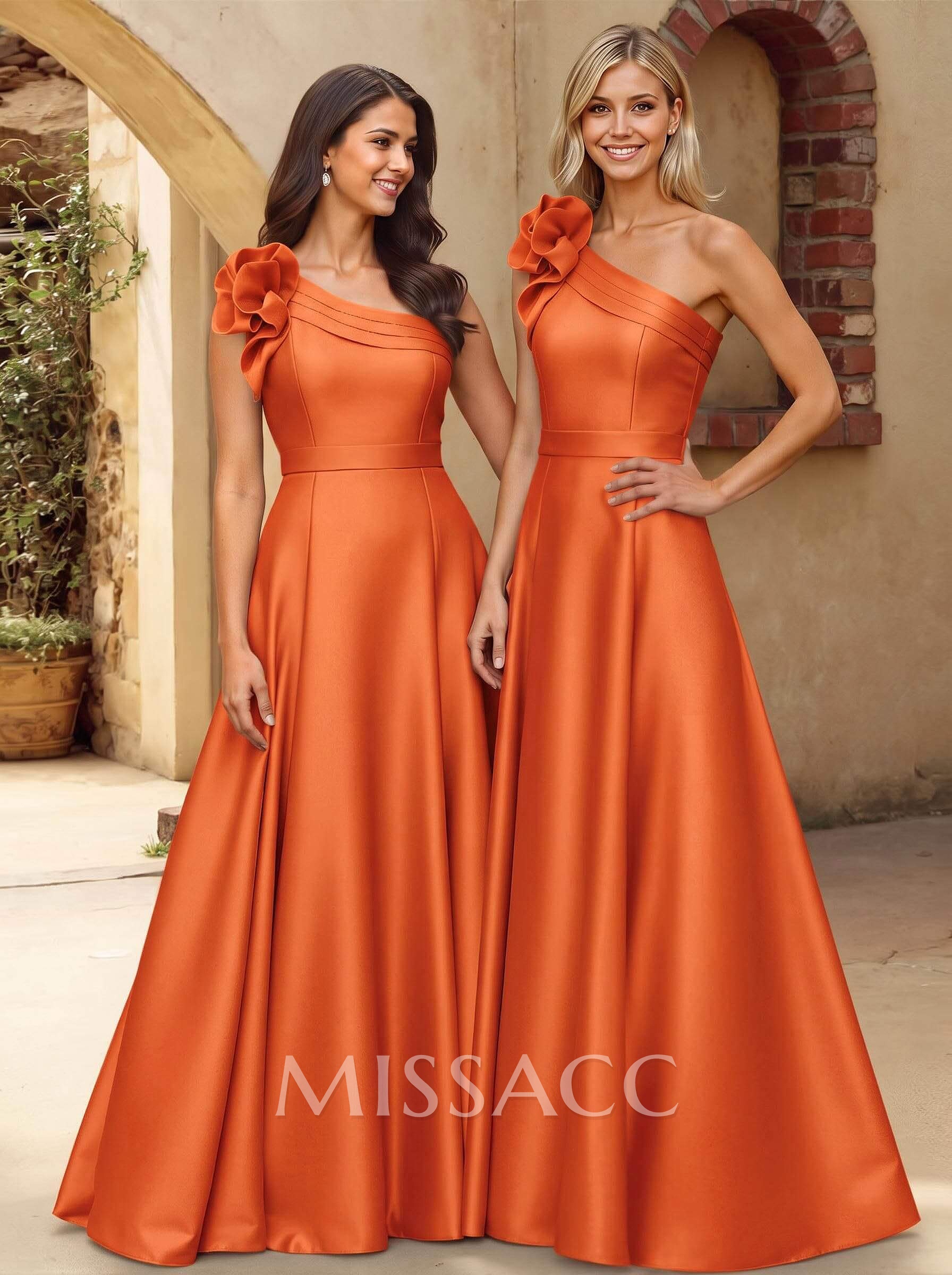A-Line One-Shoulder Sleeveless Floor-Length Satin Bridesmaid Dresses With Flower(s) A-Line One-Shoulder Sleeveless Floor-Length Satin Bridesmaid Dresses With Flower(s)