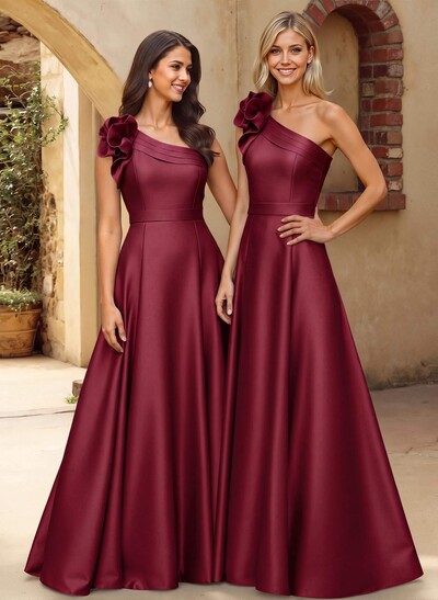 A-Line One-Shoulder Sleeveless Floor-Length Satin Bridesmaid Dresses With Flower(s)