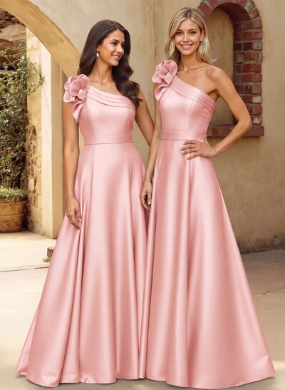 A-Line One-Shoulder Sleeveless Floor-Length Satin Bridesmaid Dresses With Flower(s)