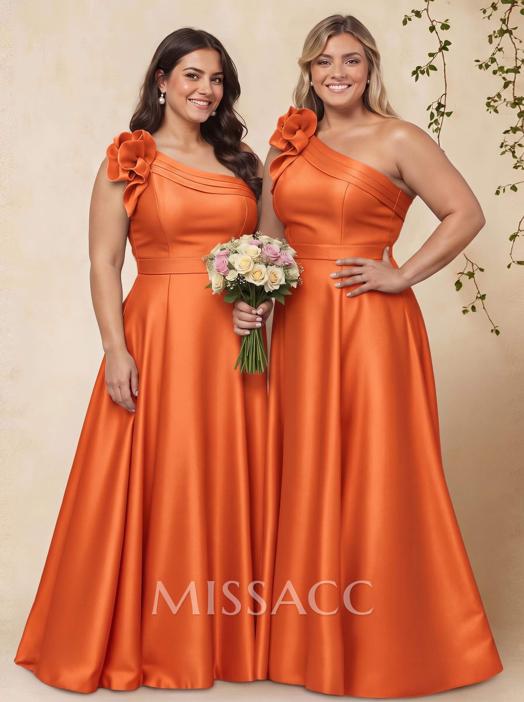 A-Line One-Shoulder Sleeveless Floor-Length Satin Bridesmaid Dresses With Flower(s) A-Line One-Shoulder Sleeveless Floor-Length Satin Bridesmaid Dresses With Flower(s)