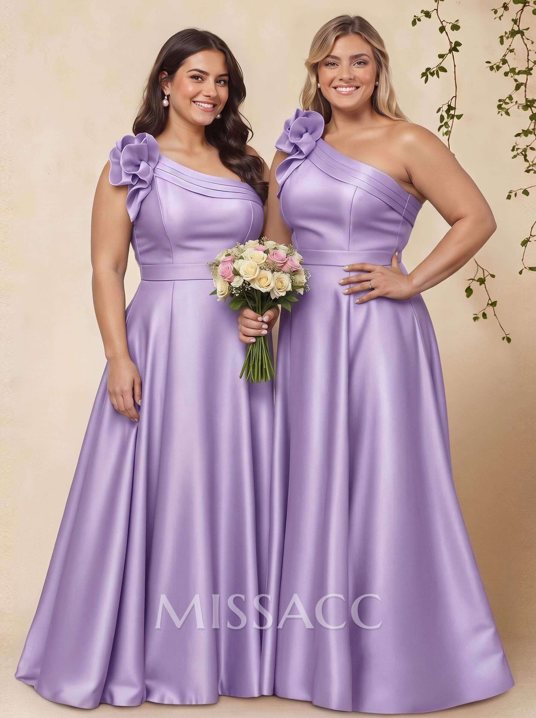 A-Line One-Shoulder Sleeveless Floor-Length Satin Bridesmaid Dresses With Flower(s) A-Line One-Shoulder Sleeveless Floor-Length Satin Bridesmaid Dresses With Flower(s)
