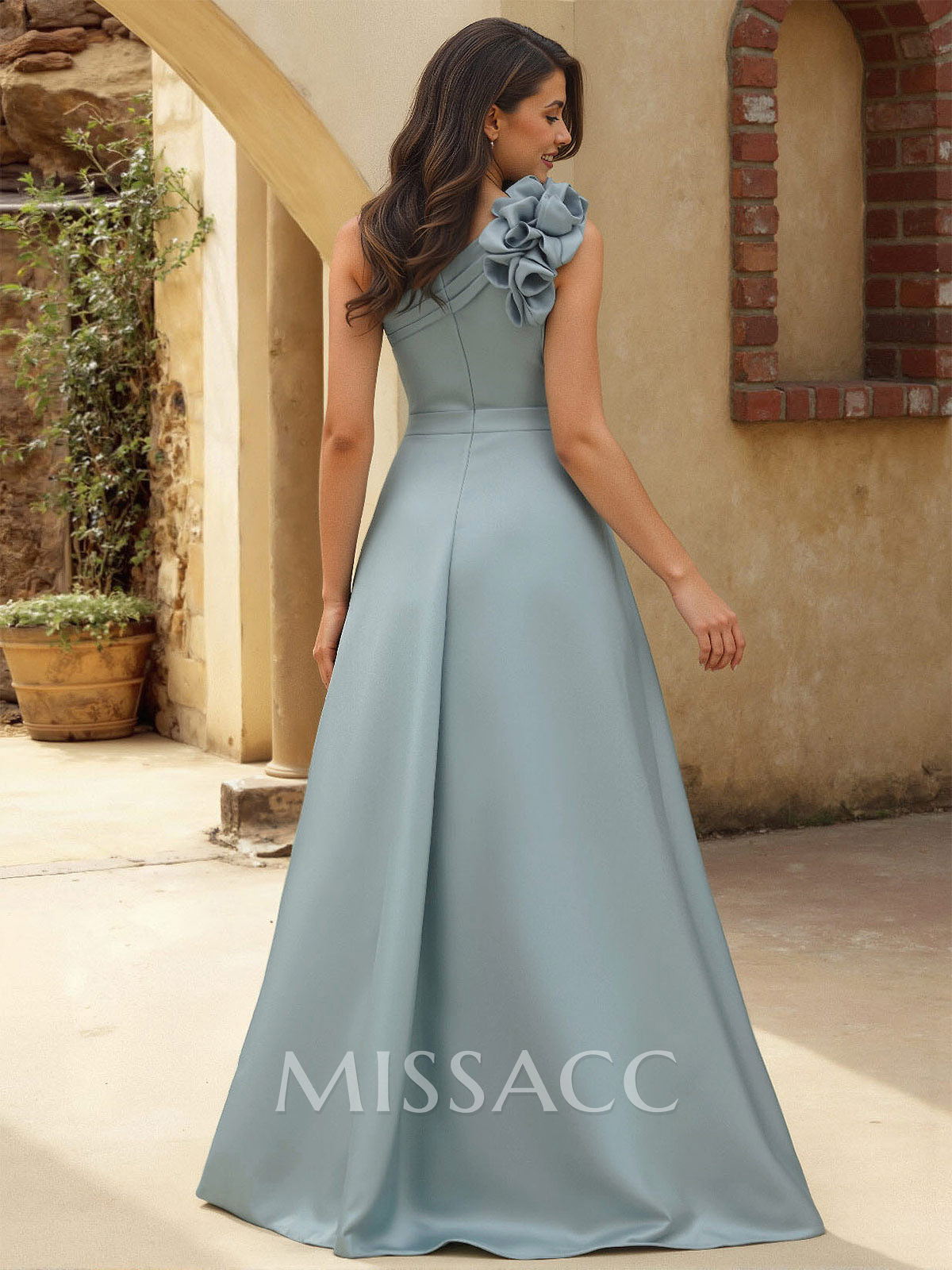 A-Line One-Shoulder Sleeveless Floor-Length Satin Bridesmaid Dresses With Flower(s)
