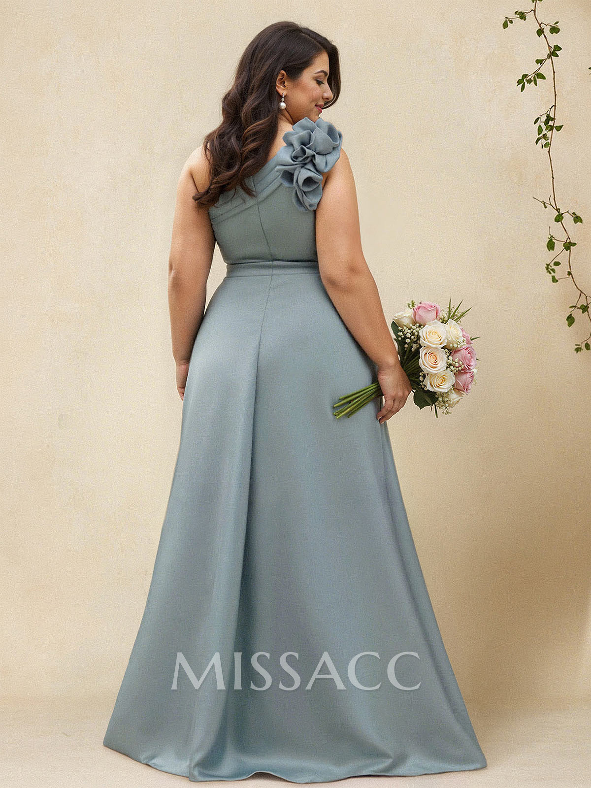 A-Line One-Shoulder Sleeveless Floor-Length Satin Bridesmaid Dresses With Flower(s)