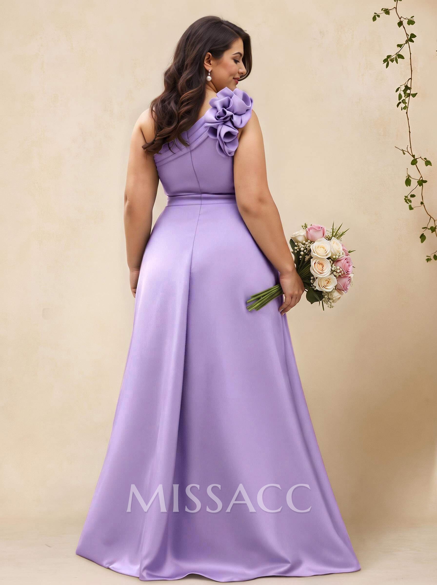 A-Line One-Shoulder Sleeveless Floor-Length Satin Bridesmaid Dresses With Flower(s) A-Line One-Shoulder Sleeveless Floor-Length Satin Bridesmaid Dresses With Flower(s)
