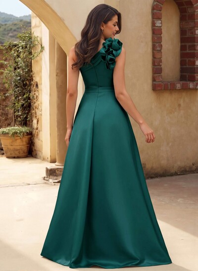 A-Line One-Shoulder Sleeveless Floor-Length Satin Bridesmaid Dresses With Flower(s)