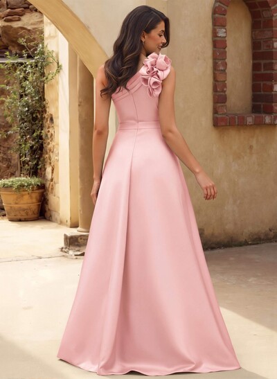 A-Line One-Shoulder Sleeveless Floor-Length Satin Bridesmaid Dresses With Flower(s)