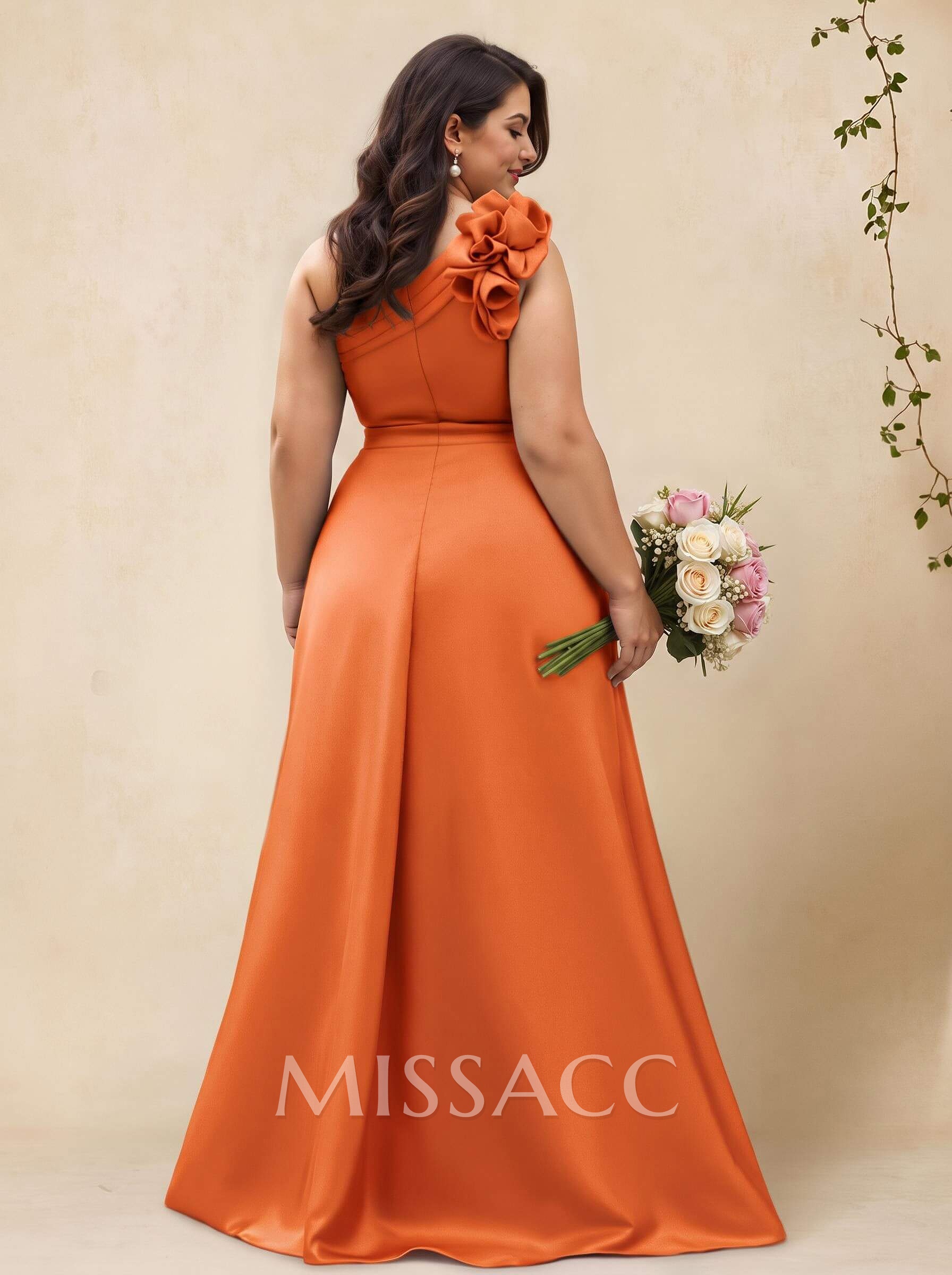 A-Line One-Shoulder Sleeveless Floor-Length Satin Bridesmaid Dresses With Flower(s) A-Line One-Shoulder Sleeveless Floor-Length Satin Bridesmaid Dresses With Flower(s)