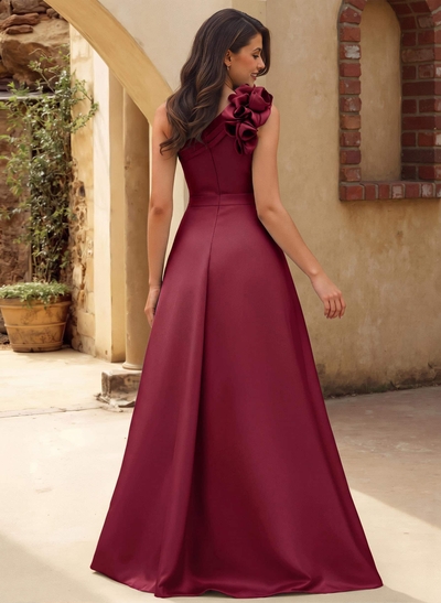 A-Line One-Shoulder Sleeveless Floor-Length Satin Bridesmaid Dresses With Flower(s)
