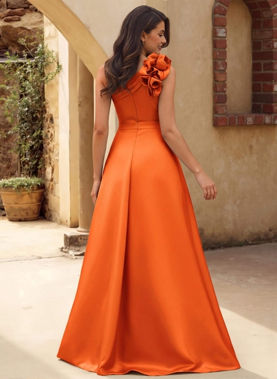 A-Line One-Shoulder Sleeveless Floor-Length Satin Bridesmaid Dresses With Flower(s)