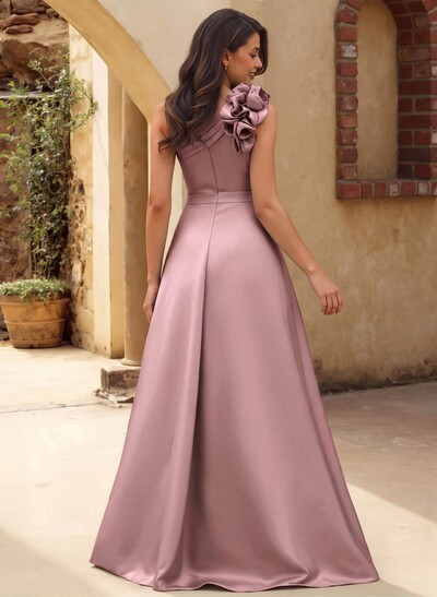 A-Line One-Shoulder Sleeveless Floor-Length Satin Bridesmaid Dresses With Flower(s)