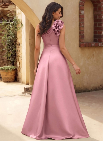 A-Line One-Shoulder Sleeveless Floor-Length Satin Bridesmaid Dresses With Flower(s)