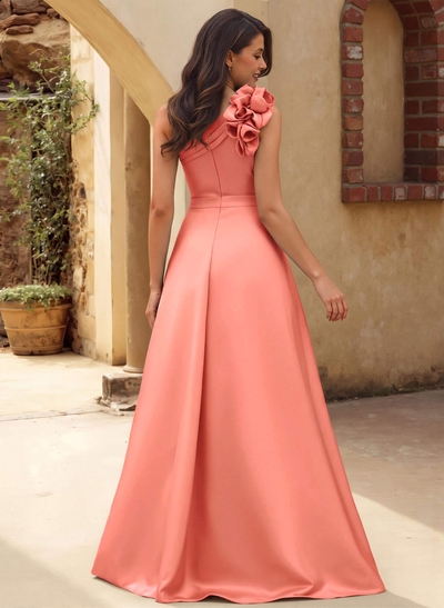 A-Line One-Shoulder Sleeveless Floor-Length Satin Bridesmaid Dresses With Flower(s)