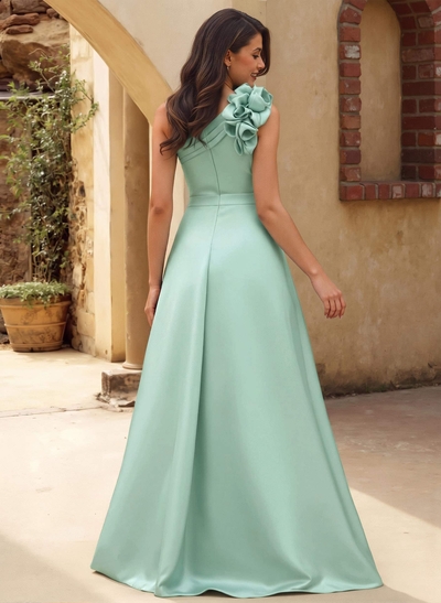 A-Line One-Shoulder Sleeveless Floor-Length Satin Bridesmaid Dresses With Flower(s)