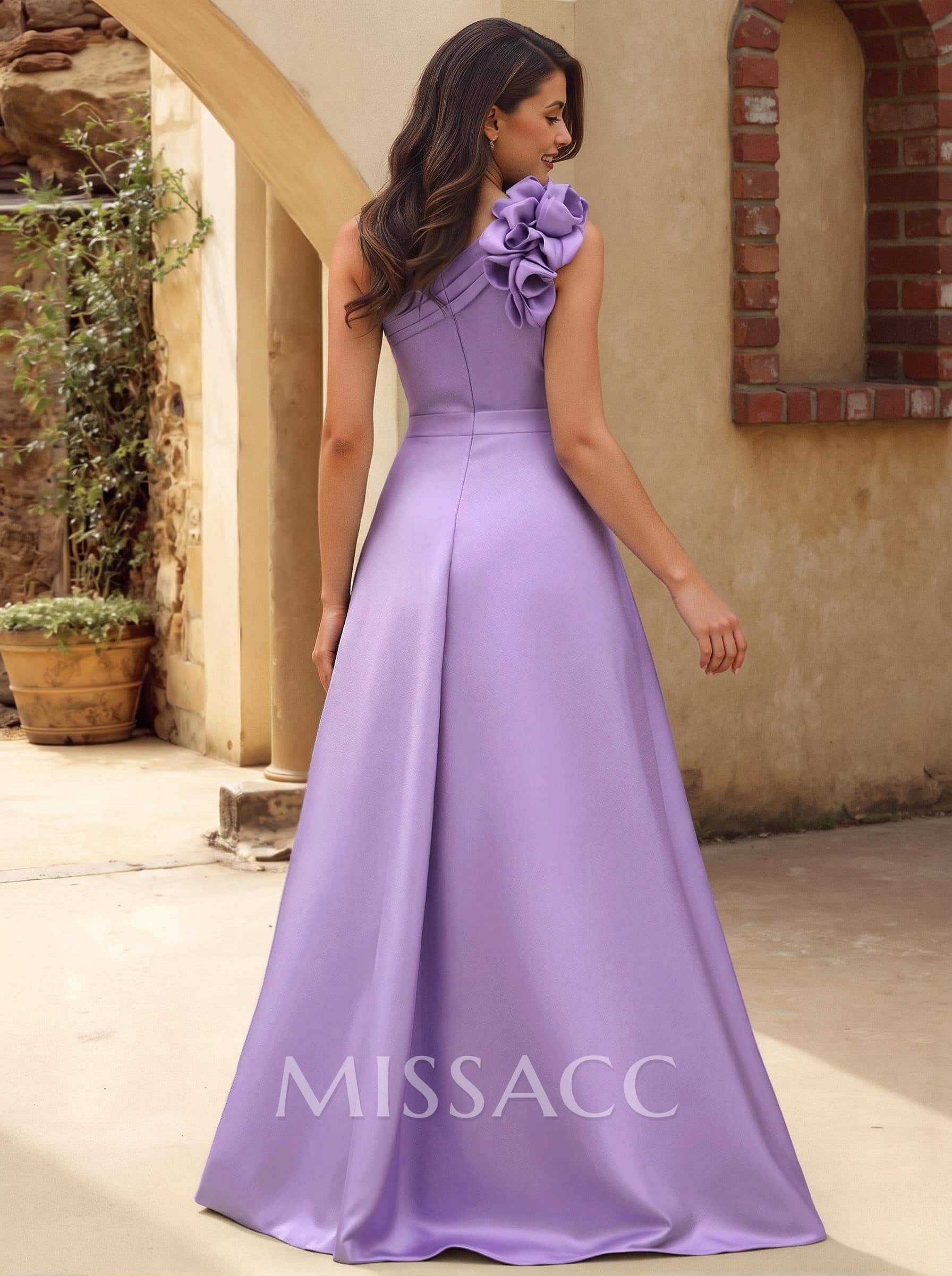 A-Line One-Shoulder Sleeveless Floor-Length Satin Bridesmaid Dresses With Flower(s) A-Line One-Shoulder Sleeveless Floor-Length Satin Bridesmaid Dresses With Flower(s)