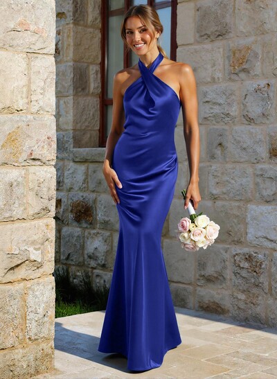Trumpet/Mermaid Cowl Neck Sleeveless Floor-Length Stretch Satin Bridesmaid Dresses With Back Hole