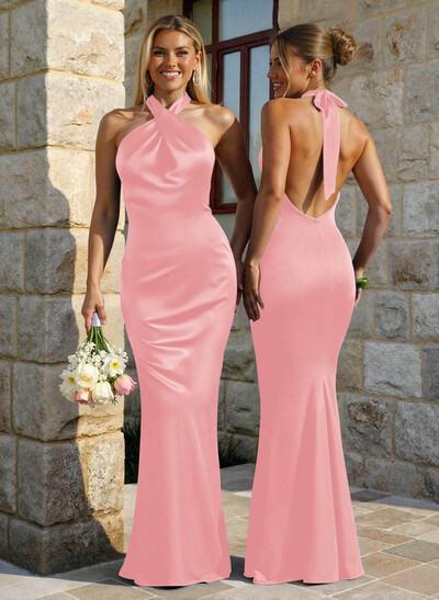 Trumpet/Mermaid Cowl Neck Sleeveless Floor-Length Stretch Satin Bridesmaid Dresses With Back Hole