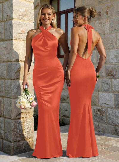 Trumpet/Mermaid Cowl Neck Sleeveless Floor-Length Stretch Satin Bridesmaid Dresses With Back Hole