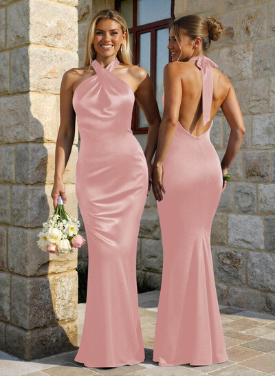 Trumpet/Mermaid Cowl Neck Sleeveless Floor-Length Stretch Satin Bridesmaid Dresses With Back Hole