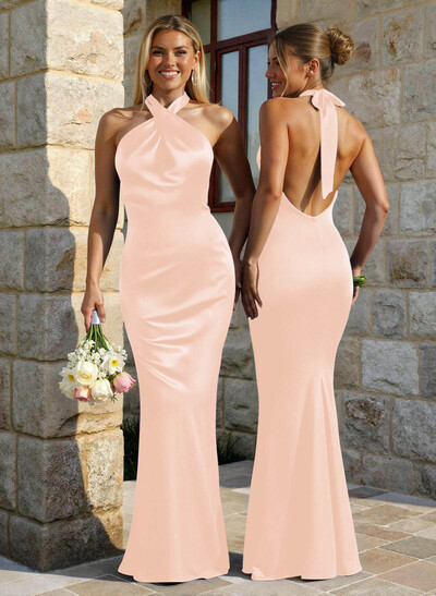 Trumpet/Mermaid Cowl Neck Sleeveless Floor-Length Stretch Satin Bridesmaid Dresses With Back Hole