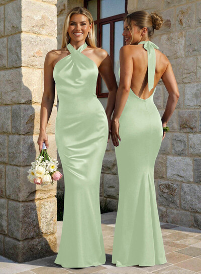 Trumpet/Mermaid Cowl Neck Sleeveless Floor-Length Stretch Satin Bridesmaid Dresses With Back Hole