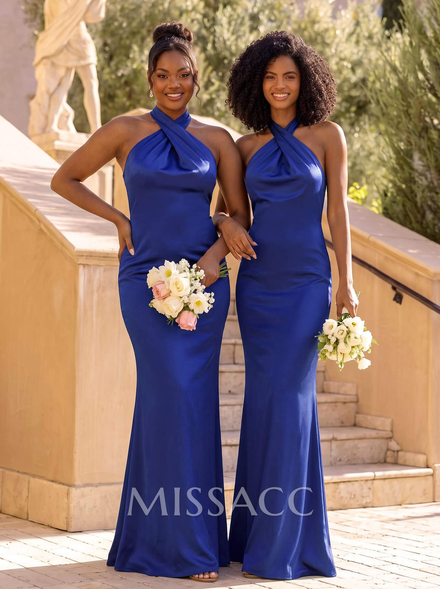 Trumpet/Mermaid Cowl Neck Sleeveless Floor-Length Stretch Satin Bridesmaid Dresses With Back Hole