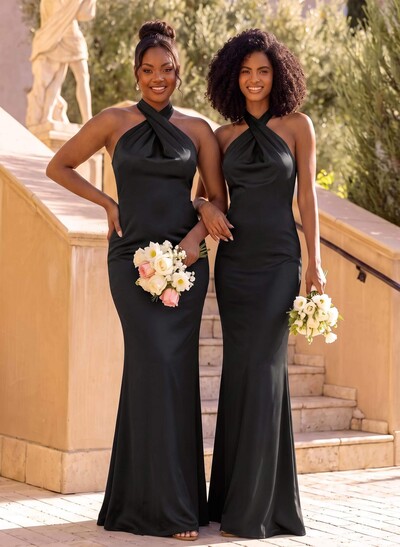 Trumpet/Mermaid Cowl Neck Sleeveless Floor-Length Stretch Satin Bridesmaid Dresses With Back Hole