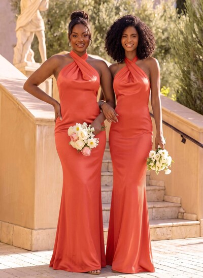 Trumpet/Mermaid Cowl Neck Sleeveless Floor-Length Stretch Satin Bridesmaid Dresses With Back Hole