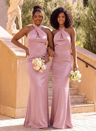 Trumpet/Mermaid Cowl Neck Sleeveless Floor-Length Stretch Satin Bridesmaid Dresses With Back Hole
