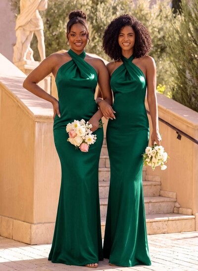 Trumpet/Mermaid Cowl Neck Sleeveless Floor-Length Stretch Satin Bridesmaid Dresses With Back Hole