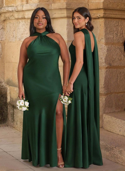 Trumpet/Mermaid Cowl Neck Floor-Length Stretch Satin Bridesmaid Dresses With High Split
