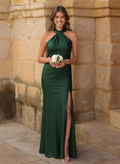 Trumpet/Mermaid Cowl Neck Floor-Length Stretch Satin Bridesmaid Dresses With High Split