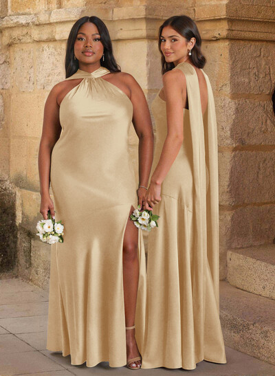 Trumpet/Mermaid Cowl Neck Floor-Length Stretch Satin Bridesmaid Dresses With High Split