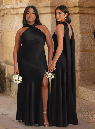 Trumpet/Mermaid Cowl Neck Floor-Length Stretch Satin Bridesmaid Dresses With High Split