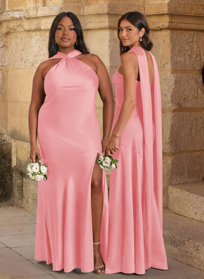 Trumpet/Mermaid Cowl Neck Floor-Length Stretch Satin Bridesmaid Dresses With High Split