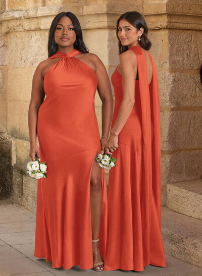 Trumpet/Mermaid Cowl Neck Floor-Length Stretch Satin Bridesmaid Dresses With High Split