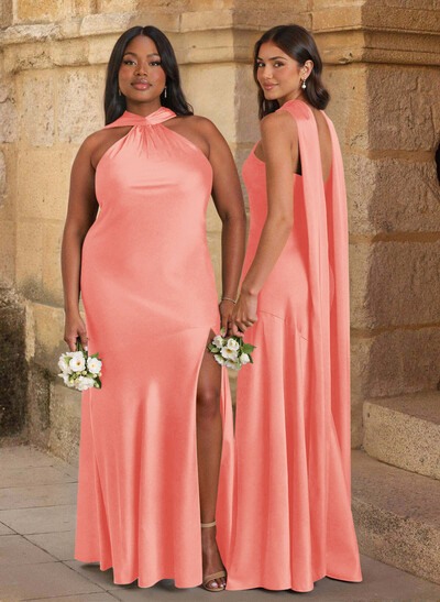 Trumpet/Mermaid Cowl Neck Floor-Length Stretch Satin Bridesmaid Dresses With High Split