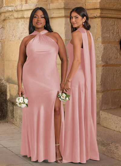 Trumpet/Mermaid Cowl Neck Floor-Length Stretch Satin Bridesmaid Dresses With High Split