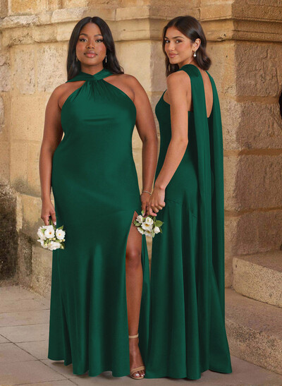 Trumpet/Mermaid Cowl Neck Floor-Length Stretch Satin Bridesmaid Dresses With High Split