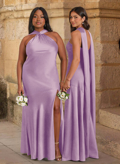 Trumpet/Mermaid Cowl Neck Floor-Length Stretch Satin Bridesmaid Dresses With High Split