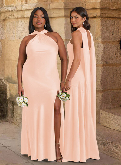 Trumpet/Mermaid Cowl Neck Floor-Length Stretch Satin Bridesmaid Dresses With High Split