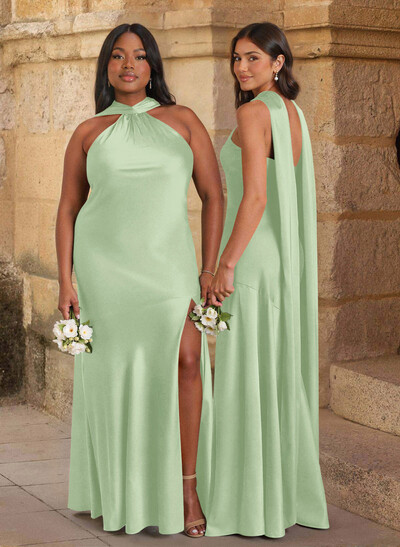 Trumpet/Mermaid Cowl Neck Floor-Length Stretch Satin Bridesmaid Dresses With High Split