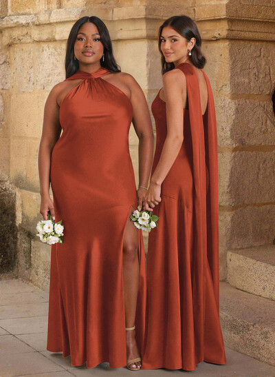 Trumpet/Mermaid Cowl Neck Floor-Length Stretch Satin Bridesmaid Dresses With High Split