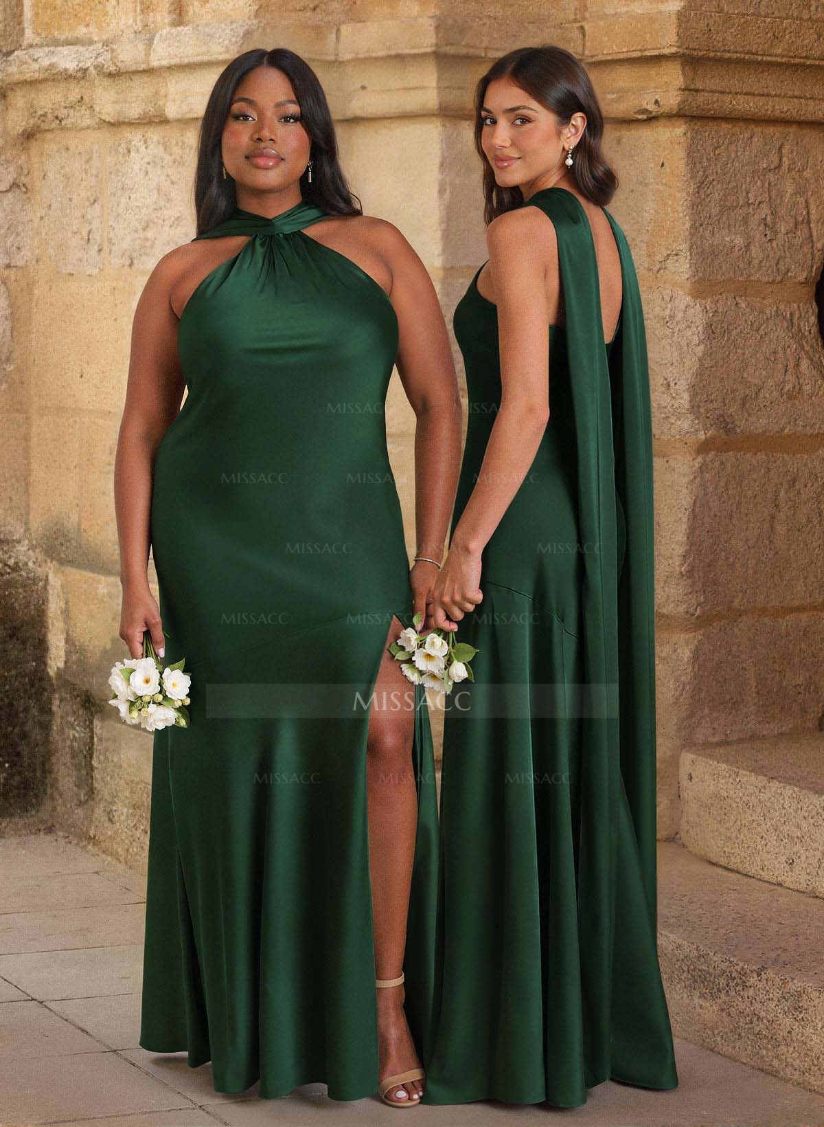 Trumpet/Mermaid Cowl Neck Floor-Length Stretch Satin Bridesmaid Dresses With High Split