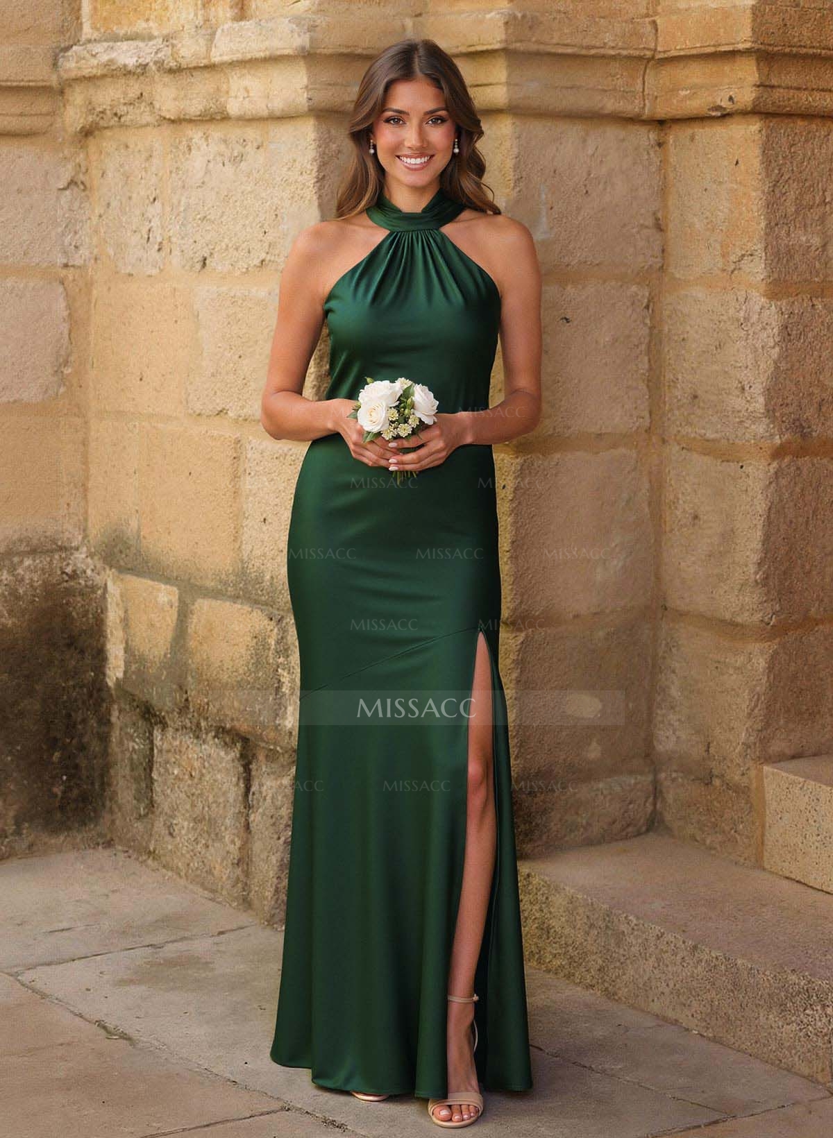 Trumpet/Mermaid Cowl Neck Floor-Length Stretch Satin Bridesmaid Dresses With High Split