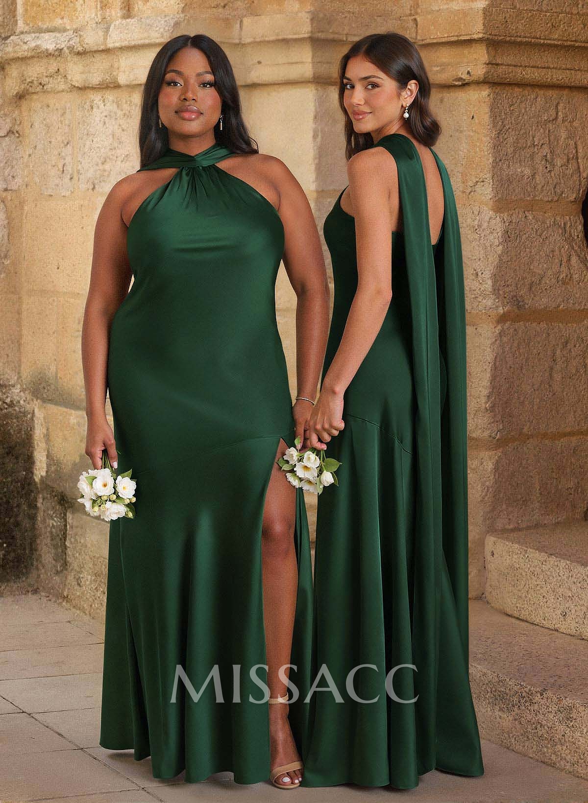 Trumpet/Mermaid Cowl Neck Floor-Length Stretch Satin Bridesmaid Dresses With High Split Trumpet/Mermaid Cowl Neck Floor-Length Stretch Satin Bridesmaid Dresses With High Split